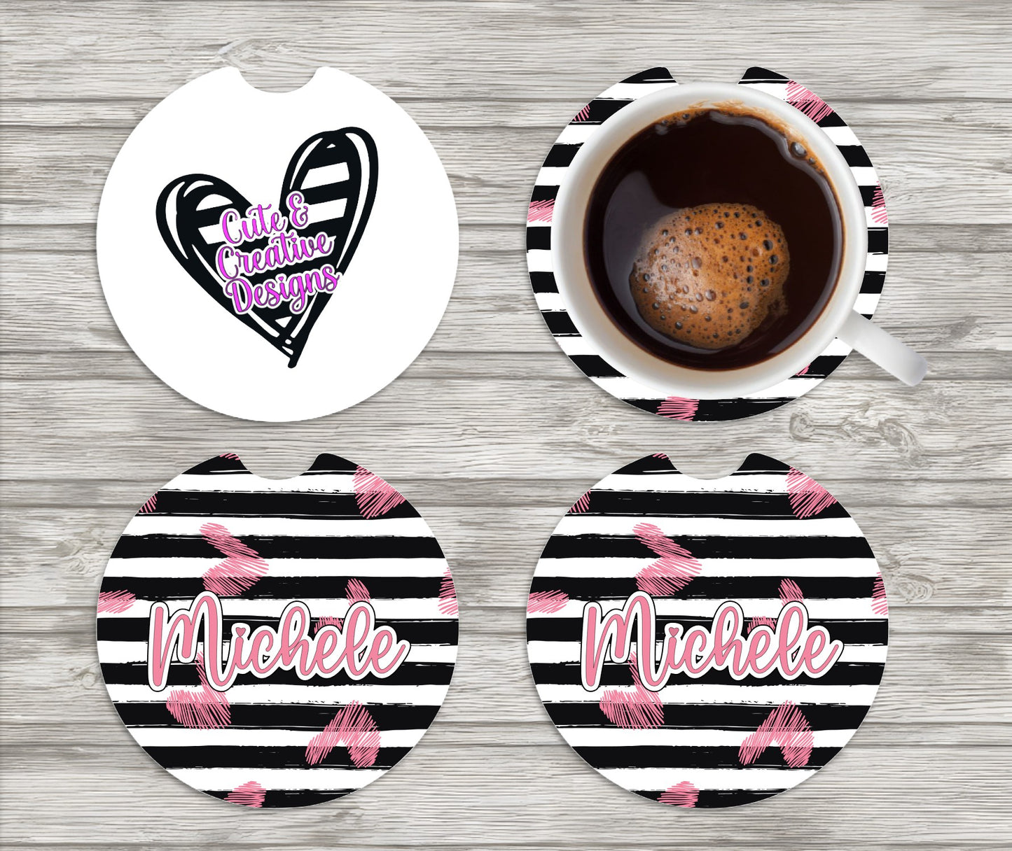 Personalized Hearts and Stripes Car Coasters