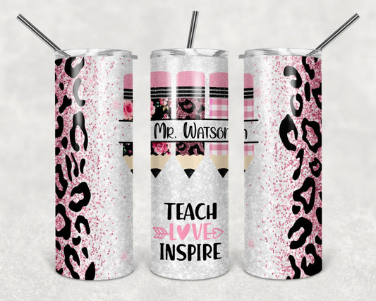 Personalized Pink Leopard Pencil Teacher Tumbler